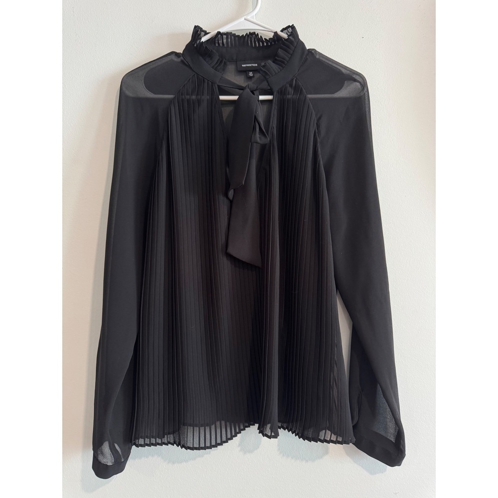 Who What Wear Pleated Tie Neck Blouse Women Medium Black Sheer Ruffle Collar